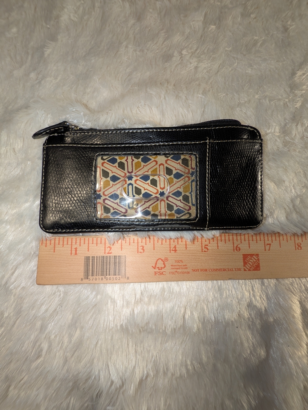 Black Zip-Around Women's Wallet with Patterned ID Window